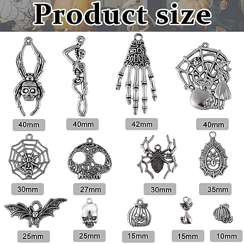 SANNIDHI 80pcs Charms for Jewellery Making, Antique Alloy Silver Pendants, Assorted Skull Pumpkin Bat Witch Jewelry Charms Kit for Necklace Bracelet DIY Halloween Accessory
