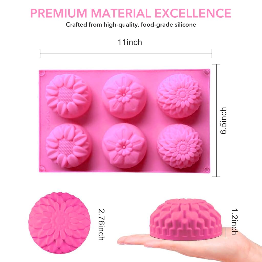 HASTHIP 3Pcs Silicone Soap Molds, 6 Styles Flowers Soap Mold with Different Flower Shapes, Flower Shaped Molds for Soap Making, Handmade Candles, Resin Art