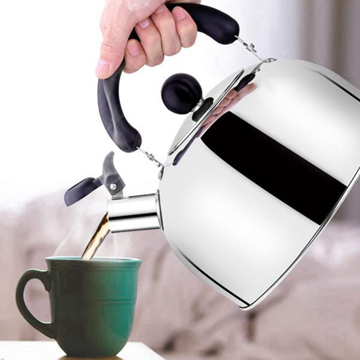 Proberos 2L Whistling Kettle for Indoor Outdoor Camping Hiking Picnic, Food Grade Stainless Steel Tea Kettle, Fast to Boil, Heat-Resistant Ergonomic Handle