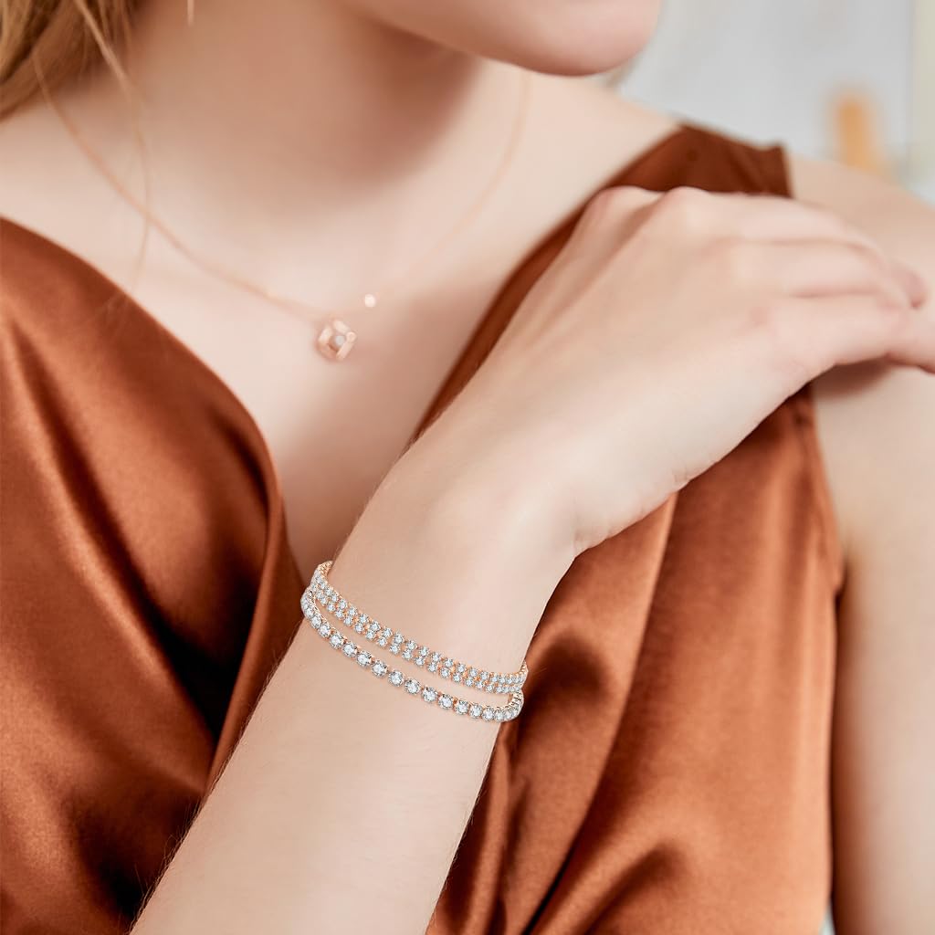 SANNIDHI 2Pcs Tennis Bracelets for Women Stylish, Rose Gold Cubic Zirconia CZ Dainty Bracelet for Women Brides, Stackable Fashion Jewelry Wedding Prom Birthday Christmas Gift