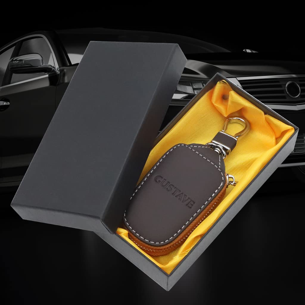 GUSTAVE Car Key Case, Smart Car Key Cover Protection PU Leather Car Key Chain Bag Car Smart Keychain Coin Holder Auto Remote Keyring Wallet (Brown)