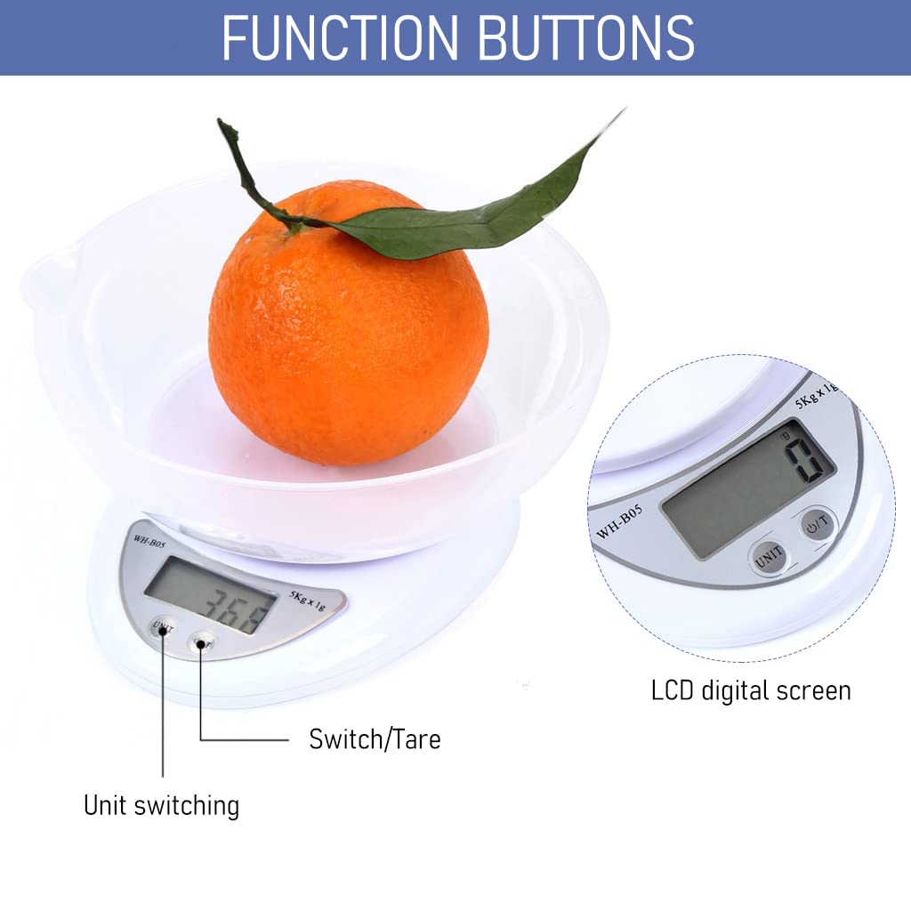 HASTHIP Kitchen Weighing Scale with Bowl, 5kg Food Weight Machine with 3 Unit Switchable, Ultra Accurate Digital Kitchen Scale for Meal Preparation, Baked Goods and Weigh Food, Battery Powered