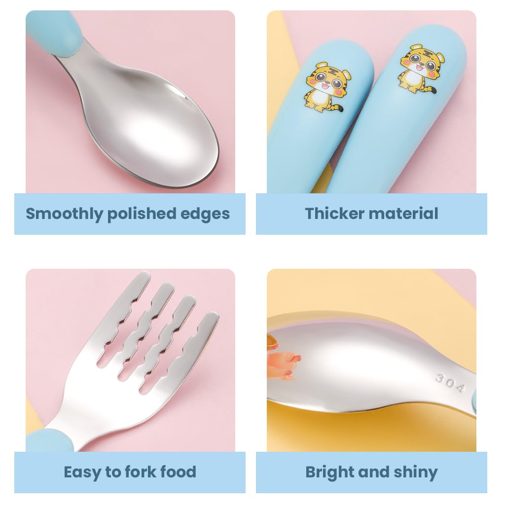SNOWIE SOFT Baby Spoon and Fork Set for Toddler Kids with Chopsticks & Case, 304 Stainless Steel with PP Cartoon Handle Utensils Set for Baby Feeding, Training Self Feeding, Safety and BPA Free
