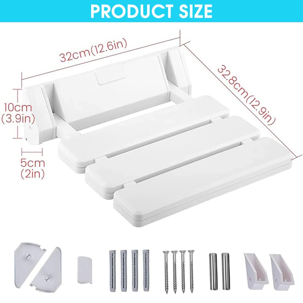 HANNEA Folding Shower Seat Wall Mounted, ABS Durable Shower Seat for Bathroom Anti-Slip Showering Seat, Fold Down Shower Seat Shower Chair for Elderly, Kids, Pregnant(White)