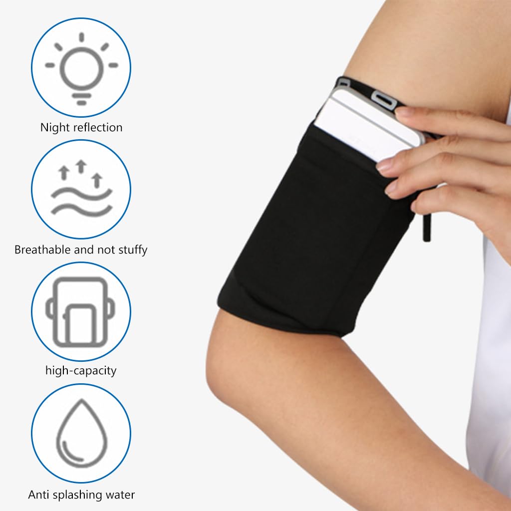 Proberos Running Armband Cell Phone Armband Pouch Fashion Reflective Strip Design Sport Armband with Zipper Pouch & Earphone Cable Hole Stretchy Armband Cell Phone Holder for Men Women (M, Black)
