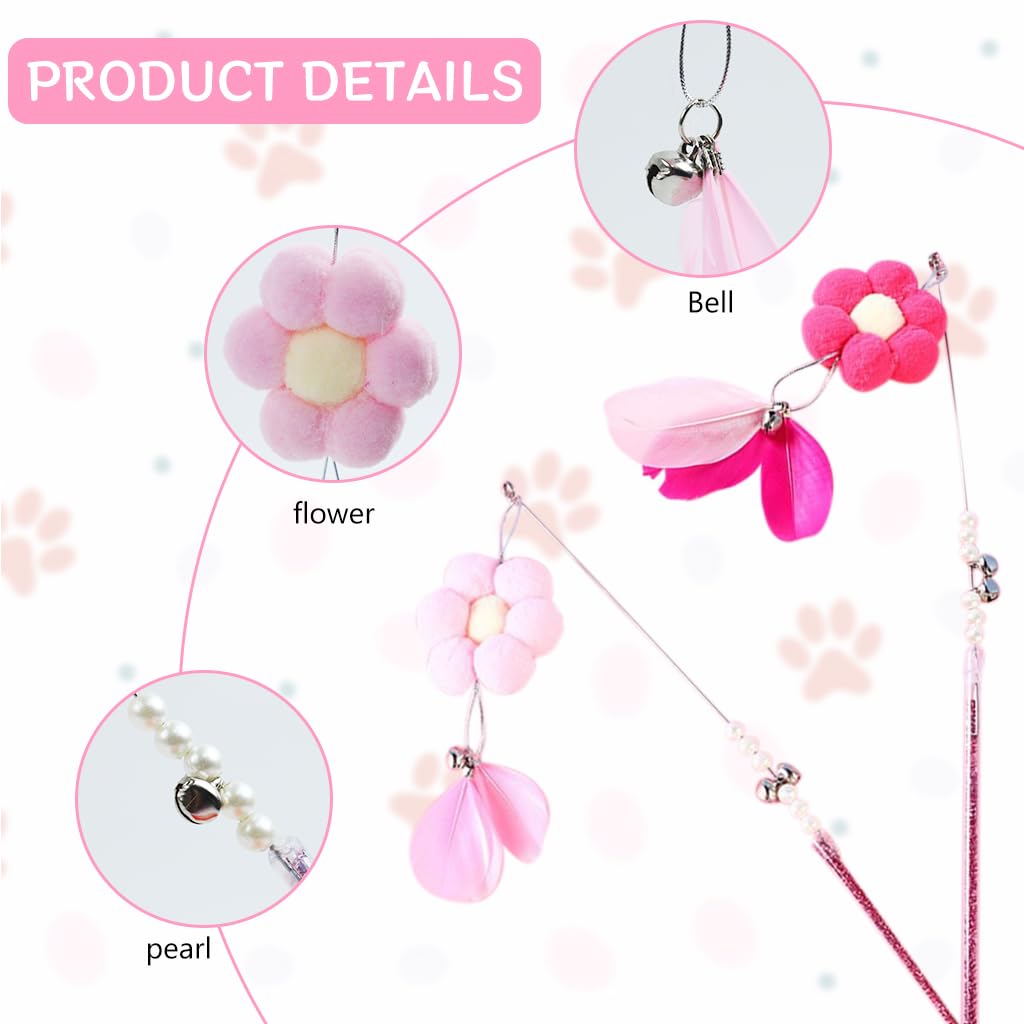 Qpets Pet Toys for Cats, 2PCS Interactive Cat Toys for Persian Cat, Pink Cat Teaser Toy for Cats to Play Flower Feather Wands with Bell Feather Stick Teasing Toy
