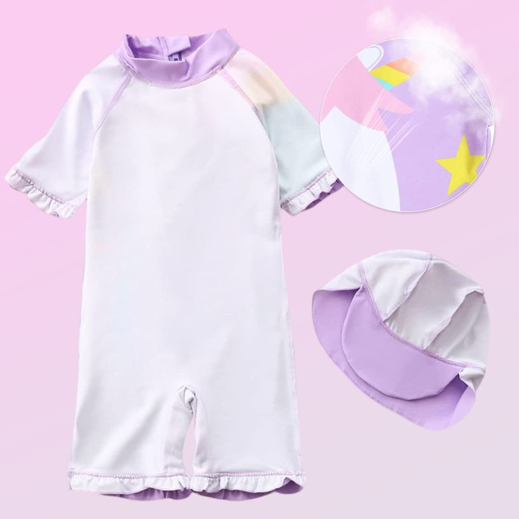 ZIBUYU Swimming Suit for Girl with Hat Cartoon Unicorn Print Zipper Swimsuit Pool Summer Beach for Kids Girls of 125-135cm - 1pc Purple