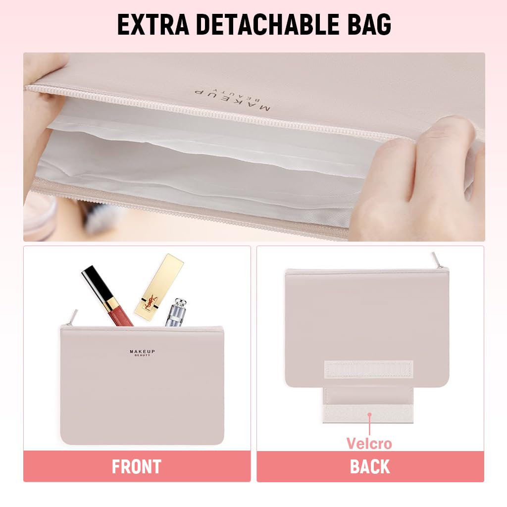 ZIBUYU Travel Makeup Bag Large Cosmetic Bag Makeup Bag with Makeup Brush Storage Sleeves and Separate Zipper Pouch Toiletries Hand Bag Waterproof Makeup Zipper Pouch, Pink, 23x16.5x8cm