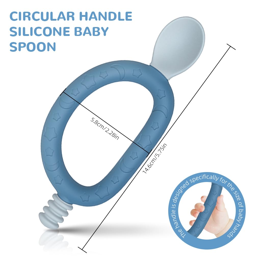 SNOWIE SOFT Baby Spoon 2 in 1 Baby Spoon Teether Spoon Feeding Spoon Innovative Loop Grip Self-feeding Spoon Food Grade BPA Free Soft Silicone Spoon Heat Resistant Baby Spoon for 6 Month+, Blue