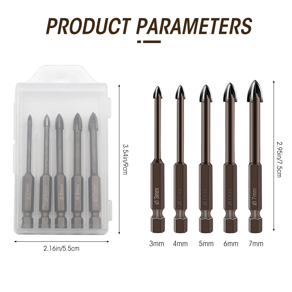 HASTHIP 5Pcs Glass Tile Concrete Drill Bit Set, Multi-Function Triangle Cross Alloy Drill Bit Tip Tools, Hex Shank Tungsten Carbide Tip Drilling Tools for Glass, Ceramic Tile Wall, and Wood (3-7 mm)