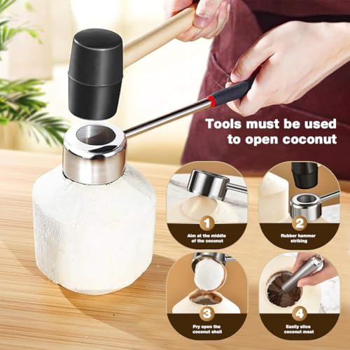 HASTHIP® Set of 3Pcs Coconut Opening Set,Coconut Opening Tools,Opener Stainless Steel Looped-Claw Meat Scraper Punch Hammer with Wooden Handle