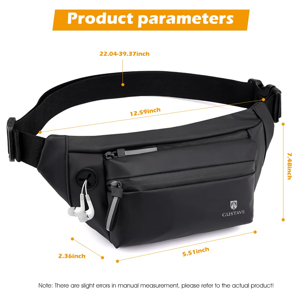 GUSTAVE Waist Bag for Men Women with Adjustable Strap and Headphone Jack, Large Waterproof Chest Bag Fanny Pack for Hiking Travel Camping Running Sports Outdoors with 4-Zipper Pockets