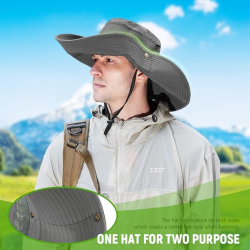 Proberos® UPF50+ Sun Hat With Breathable Mesh, Wide Brim 12CM, Quick Dry Lightweight Fishing Hiking Travel Hat For Men Women Outdoor With Chin Strap, Foldable Sun Protection Hat, Grey 3 PCS