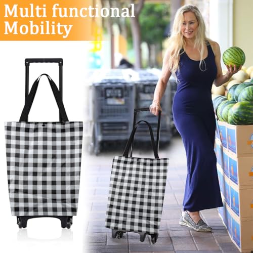 Serplex® Oxford Trolley Shopping Bag Waterproof Foldable Grocery Cart with Wheels & Lifting Handles, 20kg Capacity, Retractable Handle, Fashion Checkered Trolley Shopping Bag