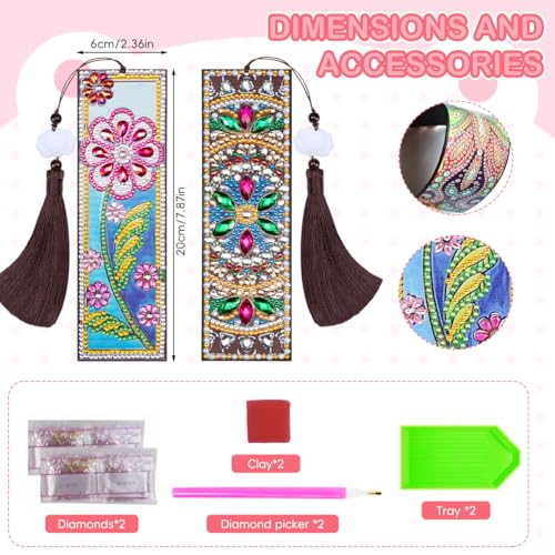 OFIFO® 2Pcs Mandala Diamond Painting Bookmark, 5D Diamond Painting Kit for Adults, Book Mark for DIY Craft Diamond Art for DIY Making Beginners Adults Arts Craft Supplies, 7.87x2.17 inches