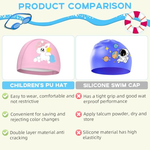 Proberos® Swimming Cap for Girls Waterproof Elastic PU Coated Ideal All Head Shape Silicone Easy Fit No Hair Pulling Chlorine Resistant Swim Kids Age 3-12 2PCS