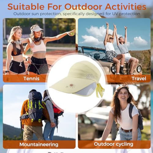 PALAY® Women Cotton Sun Hats Wide Brim Visor UV Protection Golf Cap with Retractable Side Fashion Breathable for Beach Fishing Tennis Running Beige Free Size 2PCS