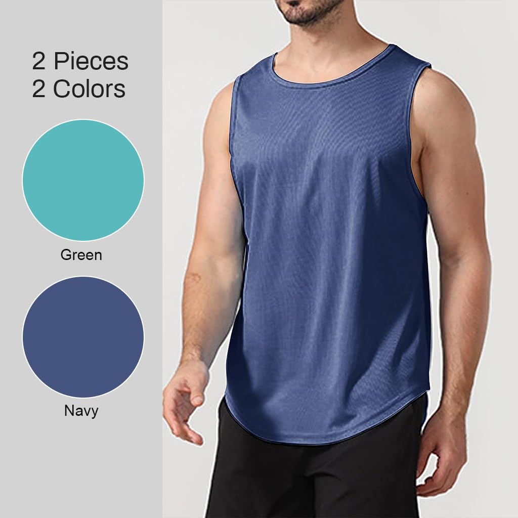 Proberos 2Pcs Men's Tank Top Sleeveless Sport Tank Top Fashion Quick Dry Tank Top for Work Out Yoga Running Tennis, XL, Green + Navy