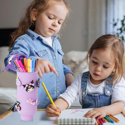 PATPAT Pencil Pouch for Kids DIY San-Rio Cartoon Kawaii Silicone Pencil Pouch Fun Pen Holder with Ku-romi Charms School Stationeries Bag Gift