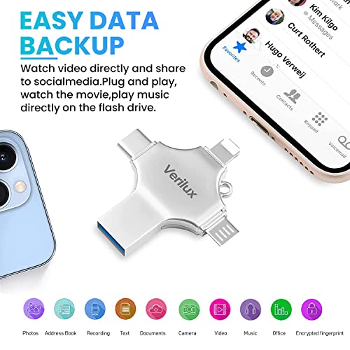 Verilux® Pendrive 128GB 4 in 1 Flash Drive with Lightning Micro USB A Type-C Interface Mini Hangable for iOS Android Compatible with iPhone iPad PC and More Devices 2 PCS