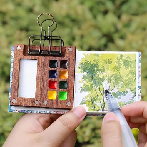 HASTHIP® Pocket Watercolor Acrylic Paint Set 12-Color 5ML Tubes Mini 8-Grid Palette Brush Pen Portable Travel Sketching Kit with Drawing Book X3
