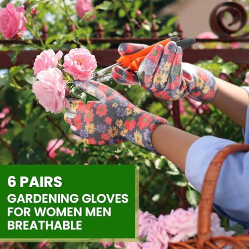 HASTHIP® 6 Pairs Gardening Gloves Women Fashion Floral Print Nylon Snug Fit Work Full Palm Anti-Slip Utility Protective One Size 2 PCS