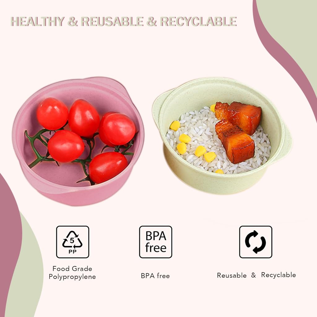 Supvox 2 Pcs Wheat Straw Fiber Unbreakable Cereal Bowls with Lid & Spoon, E-Co Friendly Lightweight Bowl (Tableware), Dishwasher & Microwave Safe - for, Rice, Soup Bowls-Pink & Green