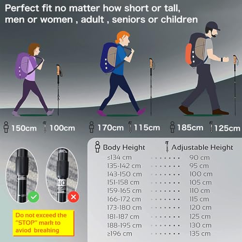 Proberos® 1Pair Trekking Poles with Grab Straps 53 in Telescopic Right Left Hand Sticks 260g Aluminum Alloy Hiking Tungsten Tips Anti-Slip Cork Handle Design Black 3PCS
