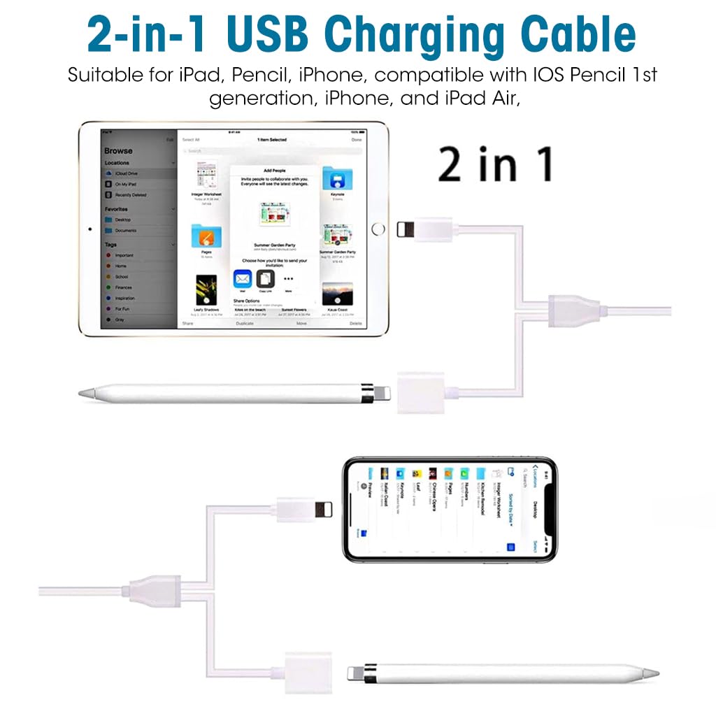 Verilux 2 in 1 Cable for Apple Pencil, USB Charging Cable for iPad, Pencil, iPhone, 3.3ft Fast Charging Cable Compatible with IOS Pencil 1st Gen, iPhone & iPad Air