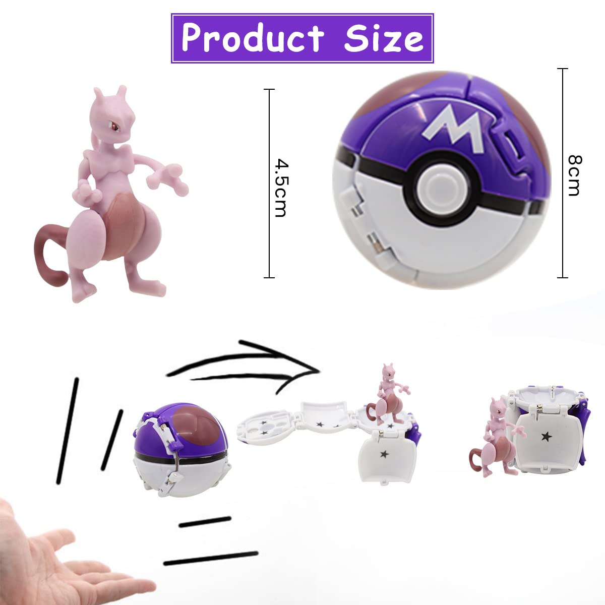 PATPAT Poke-mon Toy Mewtwo Figures with Poke-mon Ball Toy Figures Poke-mon Charizard Figures Toy Desk Decoration Birthday Gift Children's Day Gift Toy for Kids (Mewtwo)