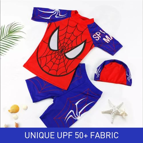 SNOWIE SOFT® Swimming Costume for Boys, UPF 50+ Spiderman Print Swimsuit Set with Shirt, Swim Trunks & Swim Cap, Swim Suit for Kids Boys 7-10 Years Old