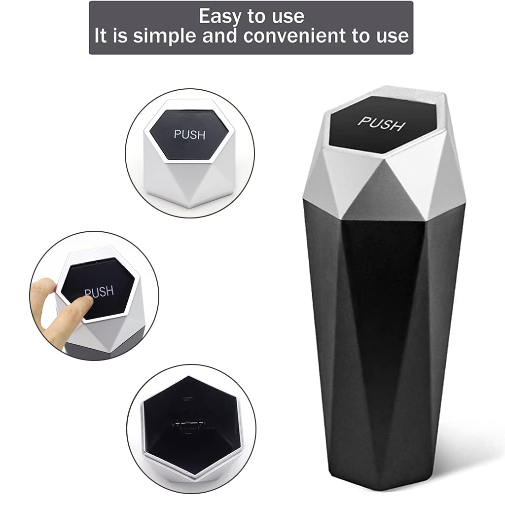 ZIBUYU 550ml Car Trash Can with Lid, Car Ash Bin ABS Car Trash Bin for, Easy to Clean, Portable Trach Can for Car, Home, Office, Travel, Sliver
