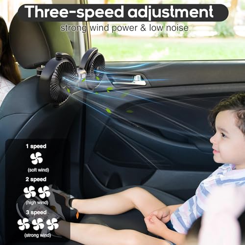 STHIRA® USB Car Fan for Headrest 12/24V Twin Cooling with 3 Speeds Posts Mounting Compact Flexible Angle Adjustment Plug and Go 2PCS