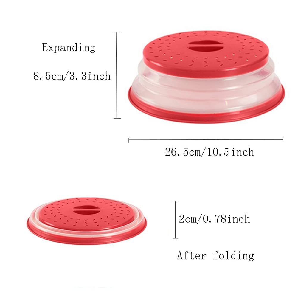 HASTHIP 10.5 inch Microwave Plate Cover, Collapsible Food Plate Lid with Top Steam Vent and Gripper, Strainer for Fruit, Microwave Lid Food Splatter Cover, BPA Free, Microwave Safe Material (Red)