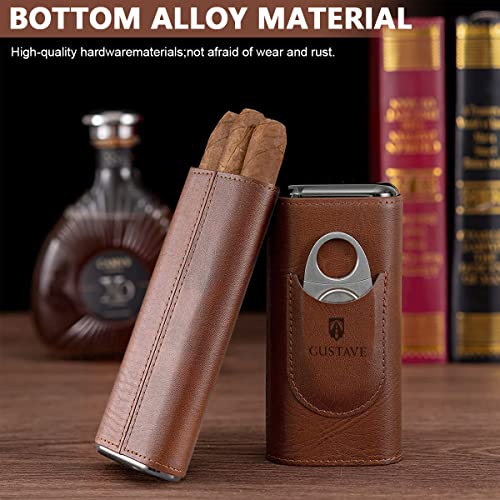 GUSTAVE® Cigar Case Holds Up to 3 Cigars Cedar Wood Lining Travel Leather with Stainless Steel Cutter Gift Set for Man 6PCS