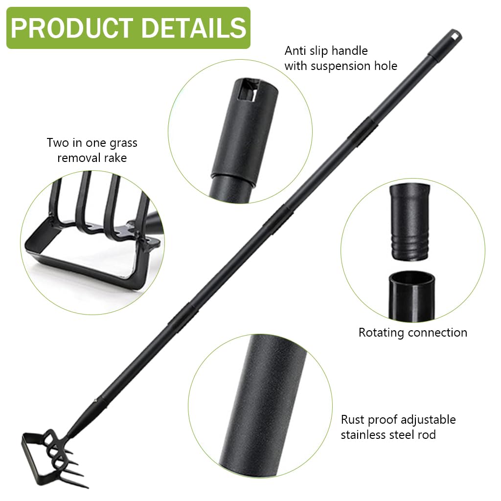 HASTHIP 77-165CM Rake for Gardening, Stainless Steel Telescopic Garden Rake for Quick Clean Up of Lawn and Yard, Adjustable Rake Claws Spacing Garden Broom with Long Handle for Clean Leaves
