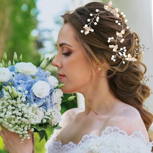 SANNIDHI Bridal Headpiece Golden Pearl Rhinestone Flower Crown Fairy Headpiece Side Combs Bridal Headwear Alloy Metal Bridal Wreath Headpiece Hair Accessiory Wedding Headpiece