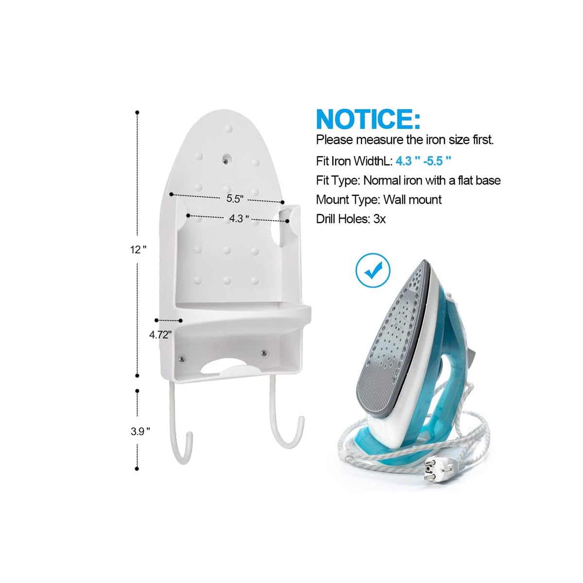 ZIBUYU Holder for Iron Wall Mounted Iron Holder with Cable Organizer and Iron Plate Hook Heat Resistant PBT Holder for Iron, Electric Iron Holder for Home, Hotel