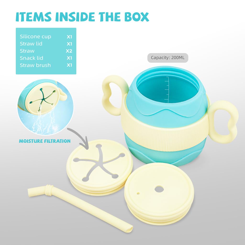SNOWIE SOFT Silicone Cup for Baby 200ml Portable Silicone Training Cup with Ears Baby Cup with 2 Lids, Soft Silicone Straw Bottle for Kids, BPA-Free, Spill Proof Non-Slip Sippy Cup for Toddlers