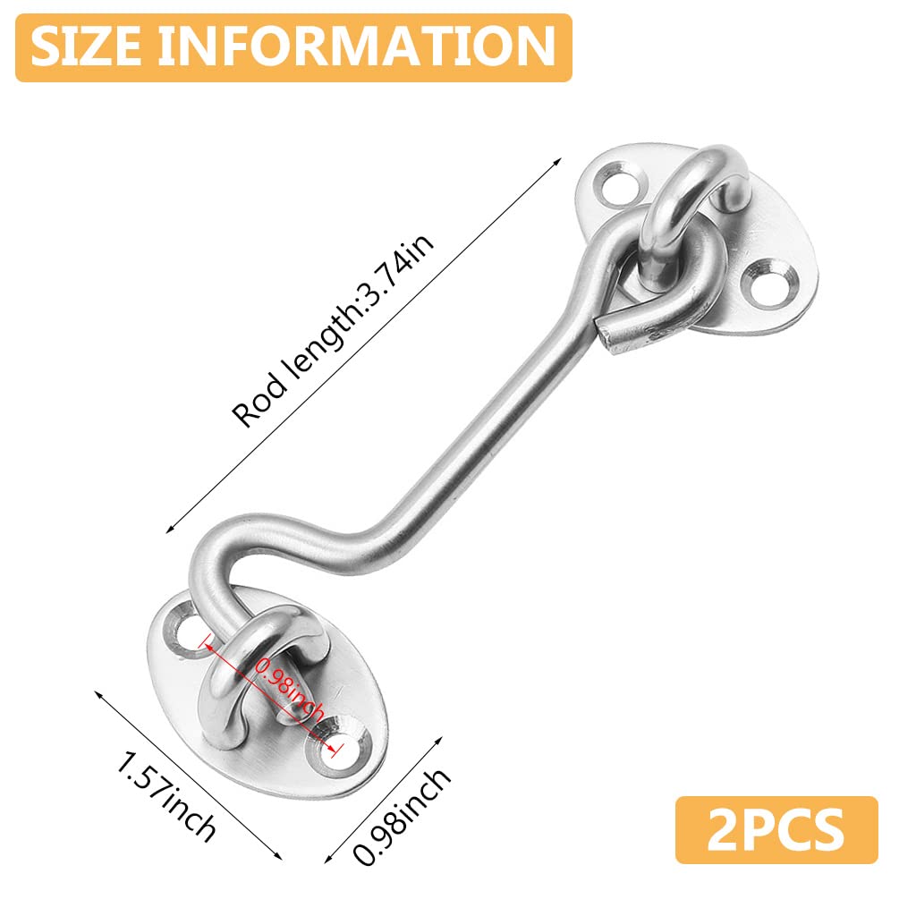 HASTHIP 2Pcs 4 Inch Sliding Door Lock, Barn Door Lock Gate Latch, Gate Hooks and Eyes, Rust-Resistant Metal Gate Latch with Screws, Privacy Hooks Latch for Door, Window, Cabin, Barn (Silver)