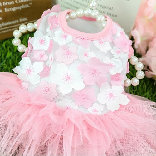 Qpets Dog Girl Dresses, Female Cat Dress, Crew Neck Dog Clothes Small Puppy Lace Princess Skirt, Girls Doggi Floral Dress Pink Flower Dresses Small Dog Cat Party Costume (M, Chest: 30cm)