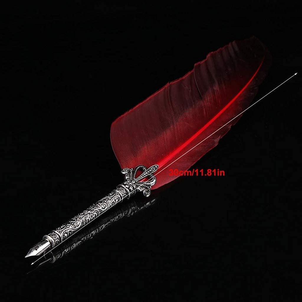 HASTHIP® English Calligraphy Feather Dip Quill Pen Writing Ink Set Stationery Gift Box with 5 Nibs and Ink Red 3 PCS