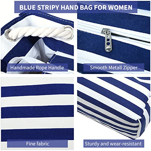 PALAY Tote Bag for Women Blue Stripy Cloth Bag Beach Bag for Women Hand Bag Braid Rope Strap Large Capacity Shopping Bag for Travel, Daily, Commuting