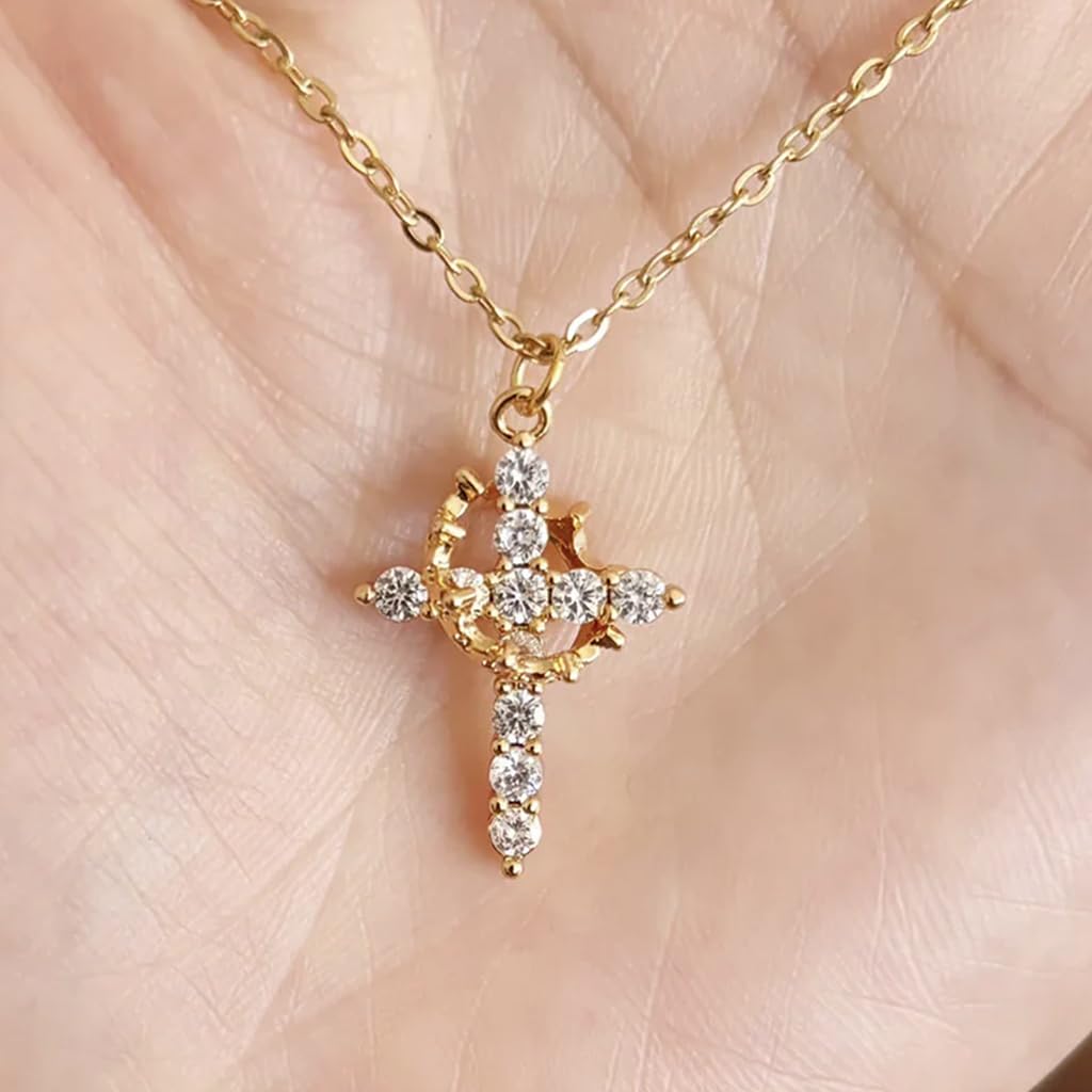 SANNIDHI Chic Cross Necklace Golden Stainless Steel Shining Cross Necklace Fashion Crown Rhinestone Cross Necklace Jewelry Gift for for Men Women