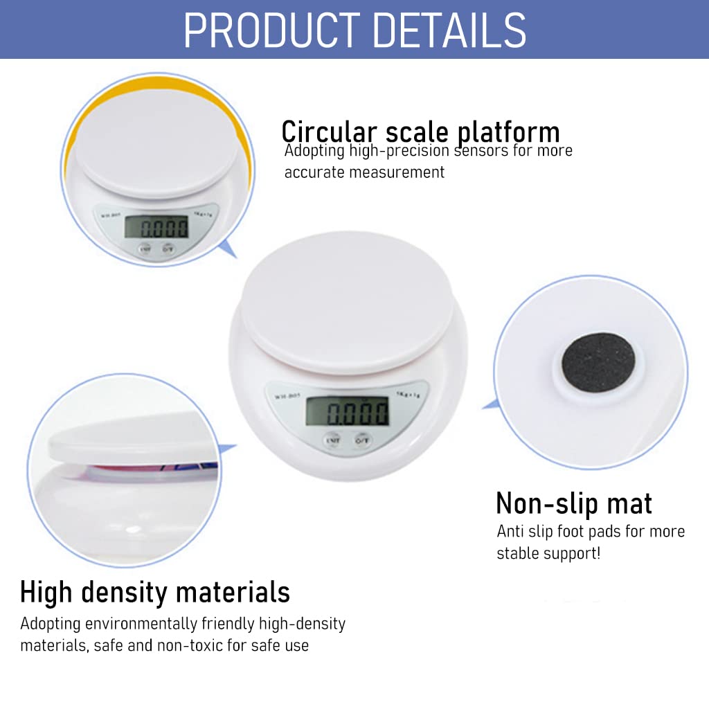 HASTHIP Kitchen Weighing Scale with Bowl, 5kg Food Weight Machine with 3 Unit Switchable, Ultra Accurate Digital Kitchen Scale for Meal Preparation, Baked Goods and Weigh Food, Battery Powered