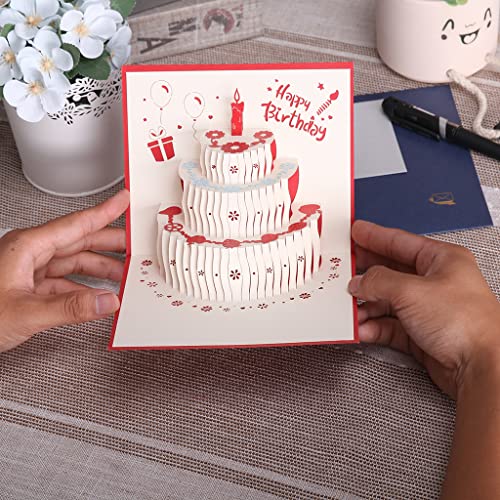 HASTHIP® Greeting Card for Birthday Pop-Up 3D with Envelopes Cake Happy Postcards Best Surprise Gift for Mom Wife Sister Boy Girl Red 3PCS