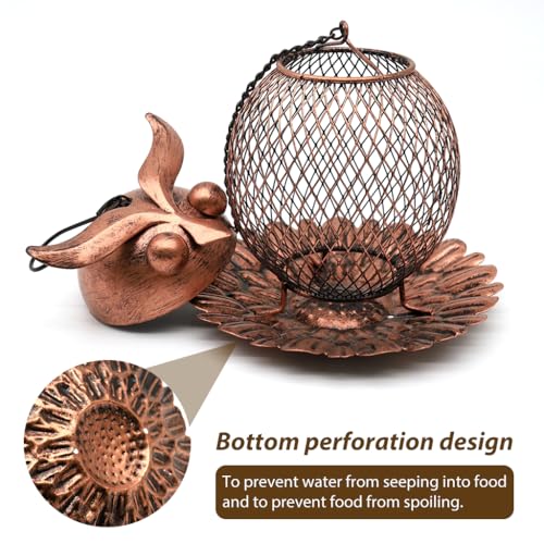 HASTHIP® Outdoor Bird Feeder Garden Ornament Hanging Metal Mesh Wire Owl Bird Feeder with Floral Bottom Tray Decorative Garden Ornament, 14.5x15cm