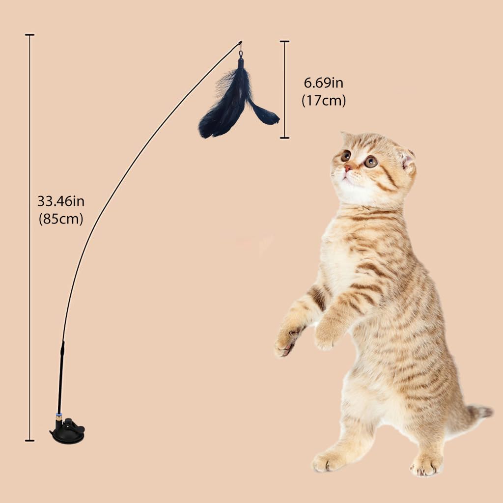 Qpets Cat Toys, Cat Teaser Toy with Bell, Fixable Cat Interactive Toys with Suction Cup, Elastic Toys for Kittens, Persian Cat Toys and Feather Toys, Funny Cat Playing Toys for Indoor