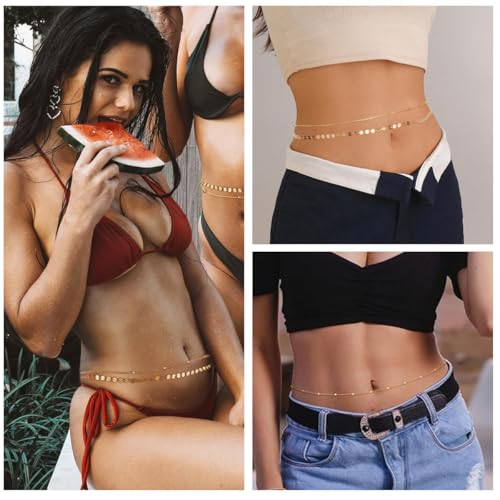 SANNIDHI® Waist Chain for Women Set of 6PCS Sequin Gold Plated Belly Chains 2-Layered Beads Coin Dainty Body Jewelry Bikini Beach Wear 39in Long Adjustable