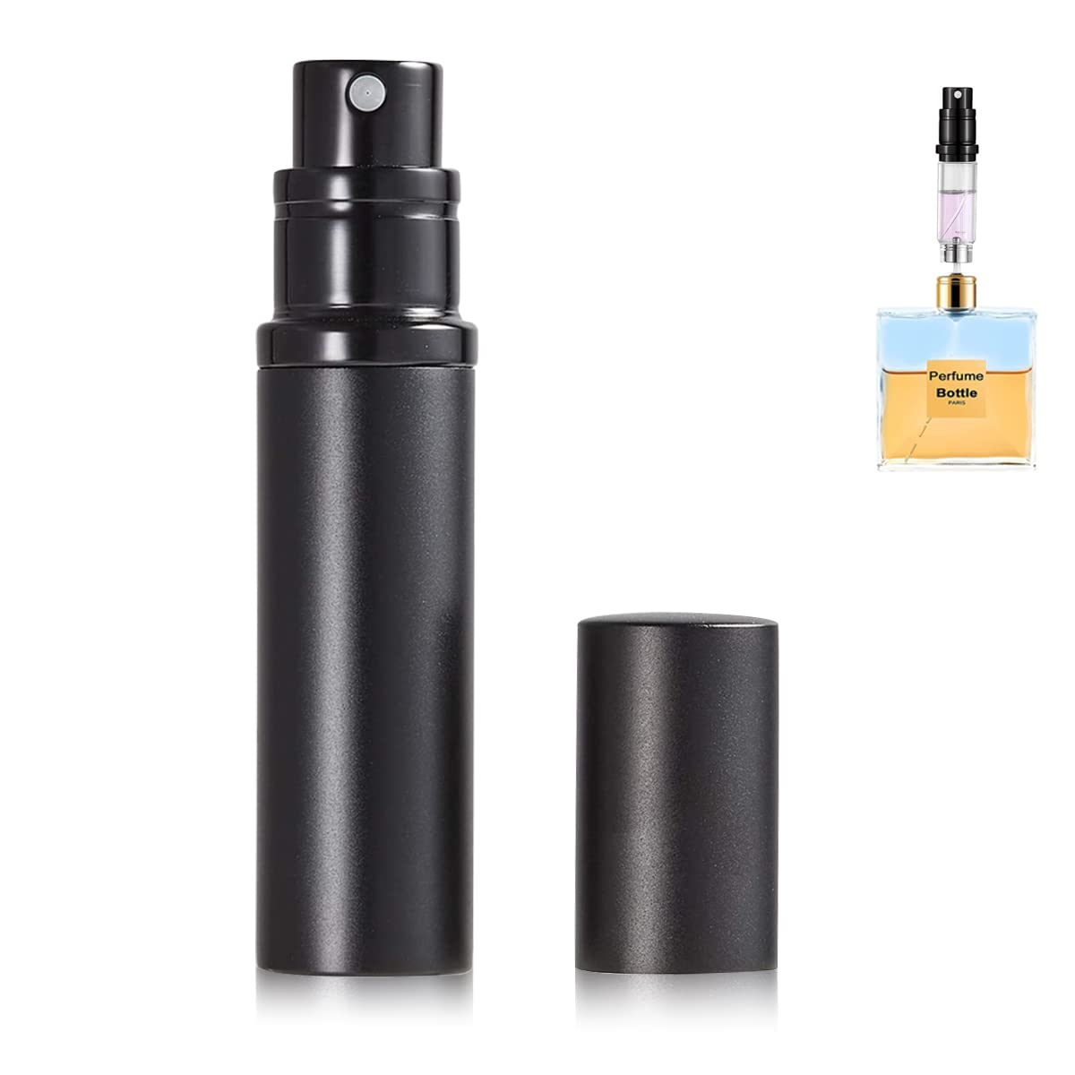 MAYCREATE Mini Perfume Refill Bottle 5ml, Upgraded Leakproof Perfume Atomiser Refillable Perfume Bottle, Matte Black Pocket Empty Spray Bottle Pump Dispenser (Metal Shell+Glass Inner)